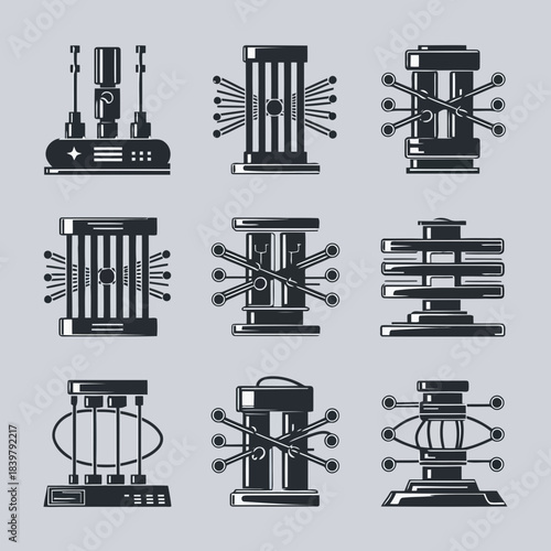 Collection of nine different mechanical engineering tools and components in a 3x3 grid, isolated on