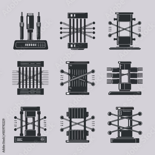 Set of nine different vintage electronic devices with detailed internal components and connections