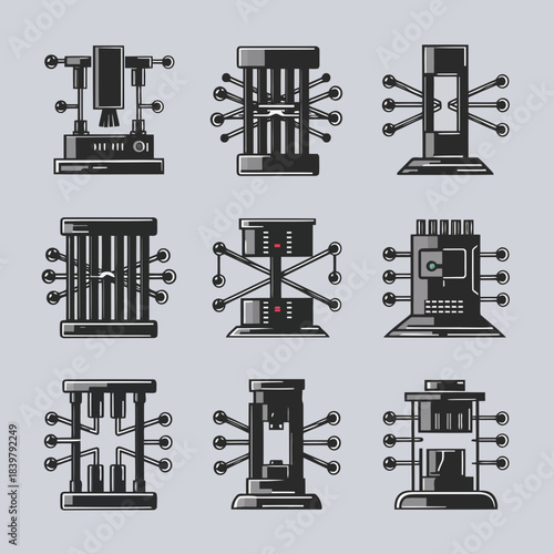 Collection of nine different computer server icons with various designs and network connections