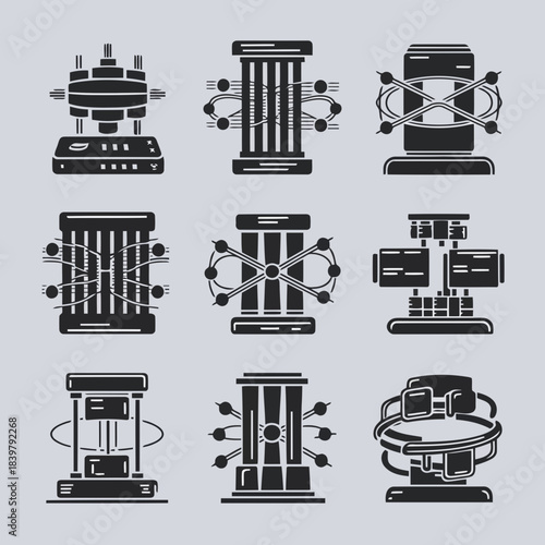 A collection of various electronic devices and gadgets including computers, servers, and other tech equipment, isolated on