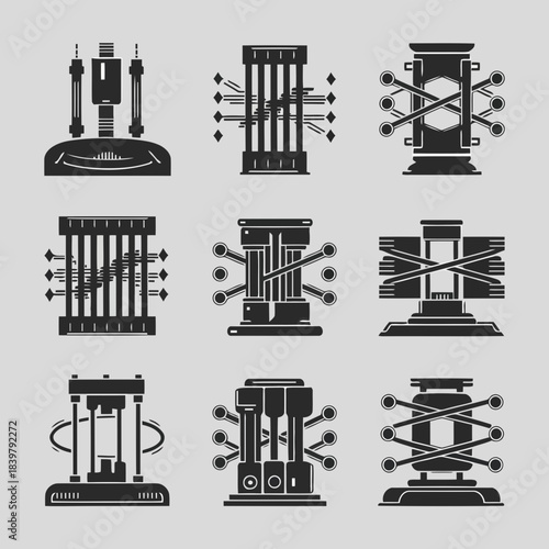 A collection of nine different mechanical devices and tools, including a drill, a lathe, a milling machine, and more, illustrated in a minimalist black and white style