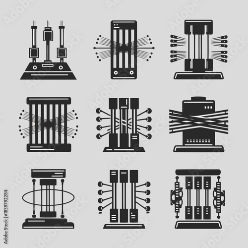 A collection of nine different vintage radio and amplifier designs illustrated in a minimalist black and white style