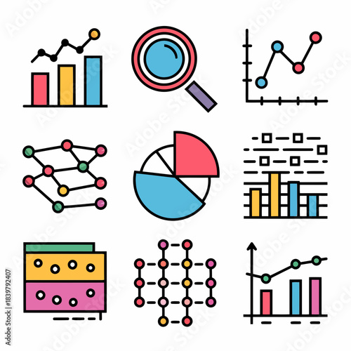 Set of various data visualization icons including bar charts, pie charts, line graphs, and network diagrams