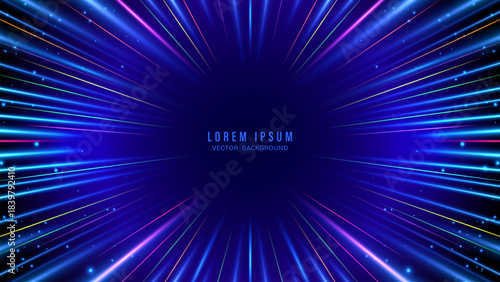 Abstract blue futuristic background with colorful neon radial lines