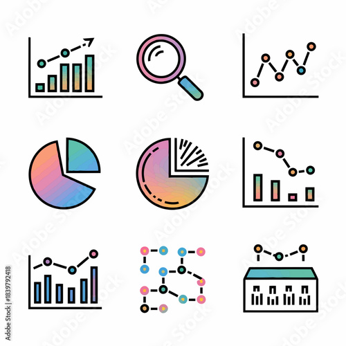 Set of nine colorful icons representing various types of data analysis and visualization methods