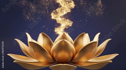 Captivating golden lotus flower radiating mystical energy and sparkling particles against a dark blue background