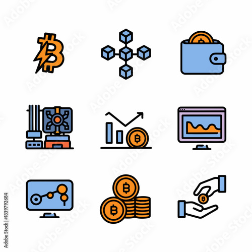 Cryptocurrency icons set including bitcoin, blockchain, wallet, mining, trading, and investment symbols