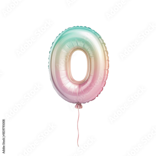 Joyful number zero rainbow foil balloon for celebration. Festive, colorful, iridescent helium decoration isolated transparency background