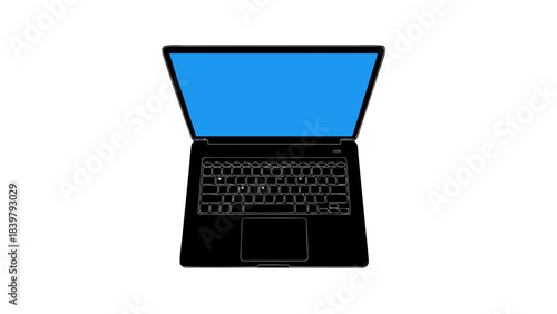 Minimalist Open Laptop With Bright Blue Screen And Keyboard Outline On Black Background Abstract Technology Concept