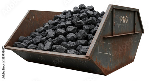 Pile of coal in steel container against white background  