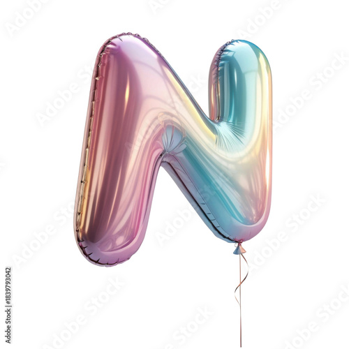Joyful, colorful, iridescent letter N balloon for festive party. This 3d, foil, holographic alphabet font is isolated and playful
