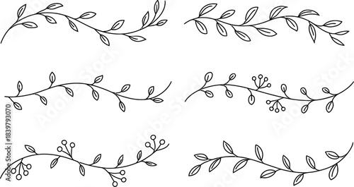 Six black line art floral branches with leaves and berries