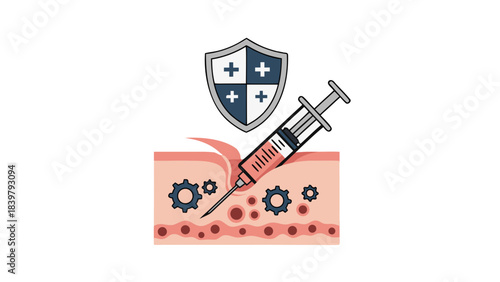 Medical Illustration Depicting A Syringe Injecting A Vaccine Into Human Skin With A Shield Symbol Representing Protection And Health Against Microbes And Disease In A Clean And Modern Style