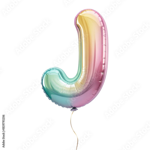 Joyful letter J rainbow foil balloon for party celebration. colorful alphabet character for festive event, isolated on background