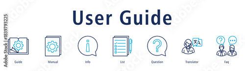 User Guide banner with icons of Guide, Manual, Info, List, Question, Translator and Faq.