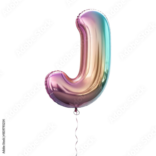 Festive iridescent foil letter J balloon shows vibrant rainbow gradient. 3D render font element for happy party celebration or birthday