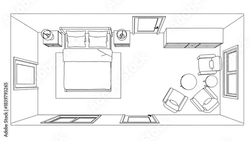 High-quality black line art of a guest bedroom layout with queen-size bed, dresser, and small seating area, modern interior floor plan design
