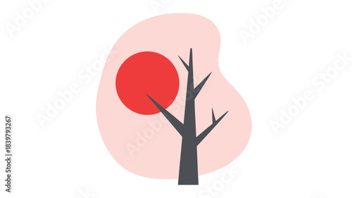 Minimalist illustration of a bare tree silhouette with a vibrant red sun behind a soft pink organic shape against a stark black background symbolizing nature and simplicity