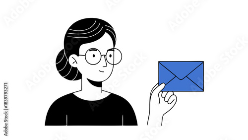 Minimalist Illustration of a Person with Glasses Holding a Blue Envelope Against a Stark Black Background with a Focus on Communication and Connection