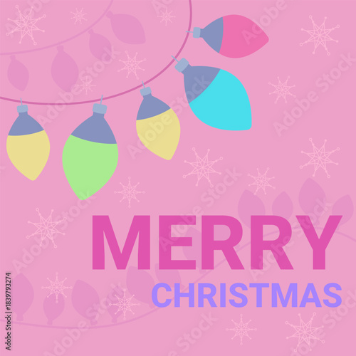 Brightly colored lights hanging against pink background, adding cheerful touch for holiday season. Text wishing everyone Merry Christmas, enhancing festive atmosphere