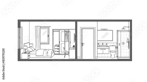 High-quality black line art of a bedroom with attached bathroom floor plan showing en-suite layout, side view interior design