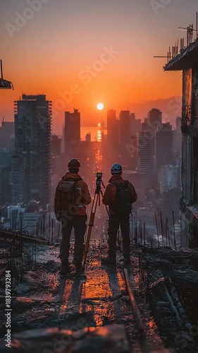 Two silhouetted figures observing a sunset over a city skyline, capturing the moment