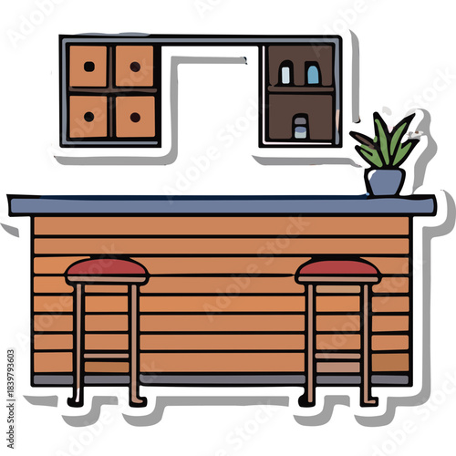 Illustrated Bar Counter With Two Stools And Wall Mounted Cabinet With Shelves And Bottles Above A Plant In A Pot With Clean Lines And A Simple Style For A Casual Indoor Space