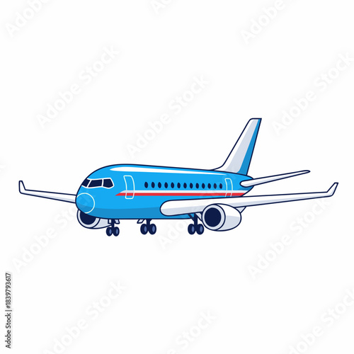 Blue Commercial Airplane With Landing Gear Down Ready To Fly.
