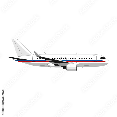 White Jet Airplane Side View Isolated on White Background.