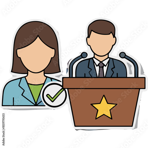 Illustrated man in suit at podium with star emblem and woman with checkmark symbol representing public speaking political event or election choice