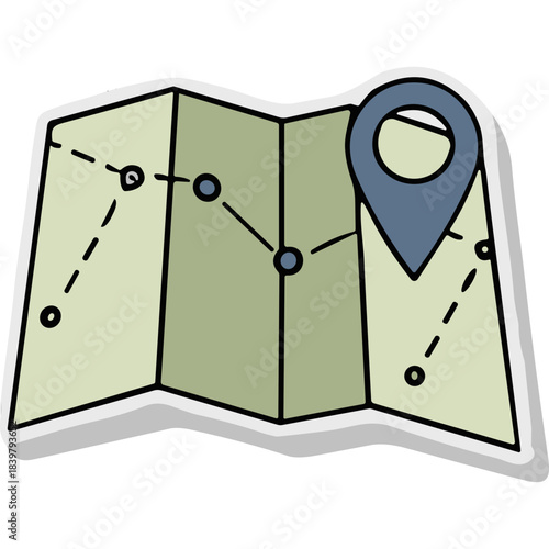 Illustrated Open Map With Navigation Pointer And Dotted Lines Showing Route On A White Background