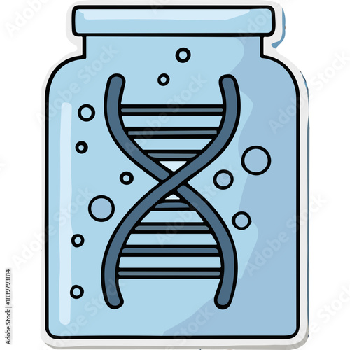 Illustration of a DNA double helix inside a light blue glass jar filled with bubbles representing scientific research and genetic discovery in a clean, bright style