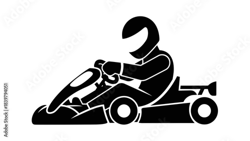 Black stencil silhouette logo of go kart driver racing fast isolated on white background vector