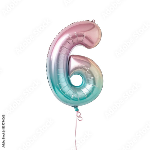 Joyful, colorful number six foil balloon for birthday party celebration. An isolated decoration element for any festive event