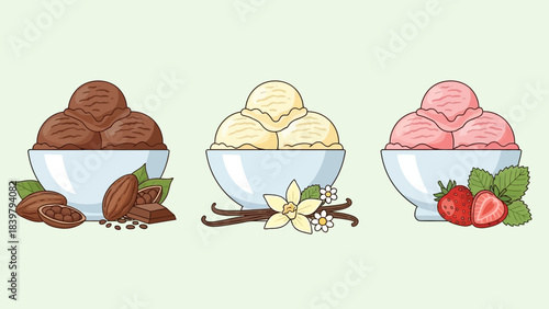 Three bowls of ice cream scoops in chocolate vanilla and strawberry flavors with garnish vector