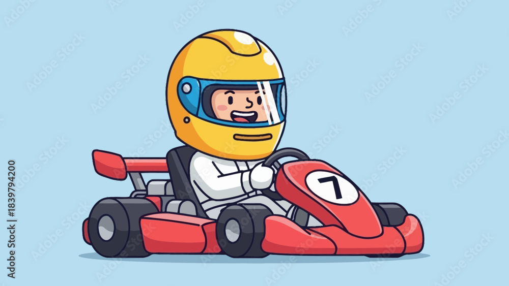 Fototapeta premium Cute cartoon boy racer driving red go kart with yellow helmet flat vector character illustration