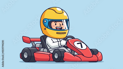 Cute cartoon boy racer driving red go kart with yellow helmet flat vector character illustration