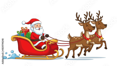 Happy Santa Claus riding sleigh with reindeer and gifts for Christmas vector cartoon illustration
