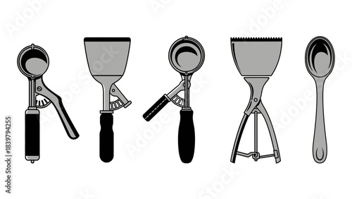 Collection of stainless steel ice cream scoops and spades kitchen utensils vector illustration set isolated