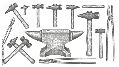 Hand drawn vintage blacksmith tools collection including anvil hammers tongs and pliers sketch illustration