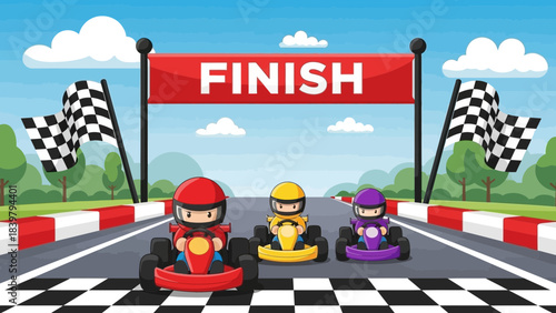 Three cheerful go-kart racers celebrating at the finish line under a red banner with checkered flags, capturing victory, competition, and playful racing spirit.