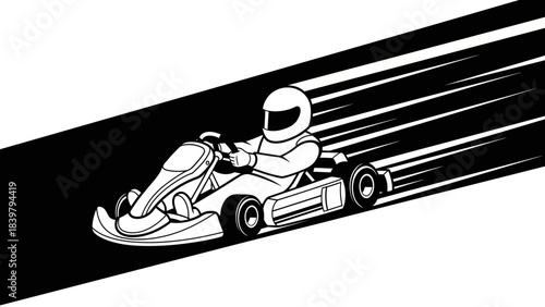 Monochrome high-speed go-kart racer blasting forward with intense motion streaks, emphasizing speed, precision, and bold graphic style in striking black-and-white vector art.