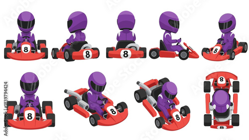 Stylized purple-suited go-kart character shown in multiple poses and angles, including top-view and driving positions, forming a complete dynamic character vector set.