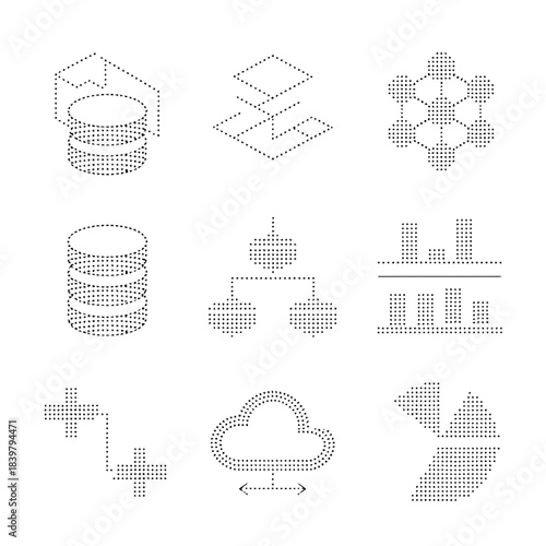 Collection of various abstract geometric shapes and patterns in black and white