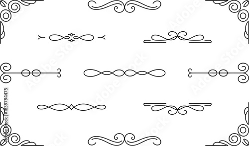 Black decorative flourishes and dividers on white background