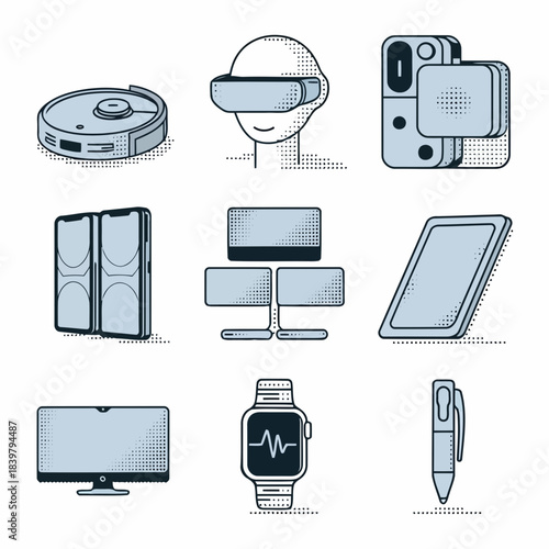 Collection of modern gadgets and devices including a robot vacuum, virtual reality headset, smartphone, tablet, computer, smartwatch, and stylus