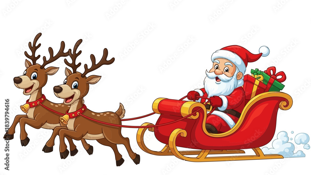 Fototapeta premium Festive illustration of Santa riding a bright red sleigh pulled by two cheerful reindeer, carrying gifts through a snowy holiday setting in a joyful cartoon style.