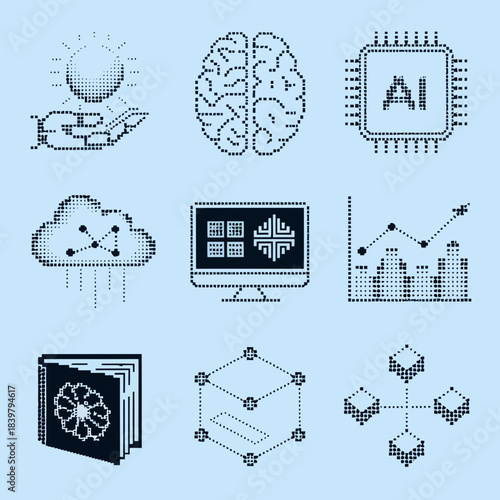 Modern technology icons including cloud computing, artificial intelligence, data analytics, and machine learning