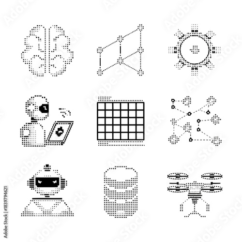 Collection of various tech and science icons including brain, robot, drone, and network diagrams on