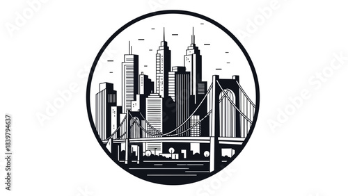 Stylized monochrome city skyline enclosed in a circular frame featuring tall skyscrapers, a suspension bridge, and clean architectural lines for a bold urban vector aesthetic.
